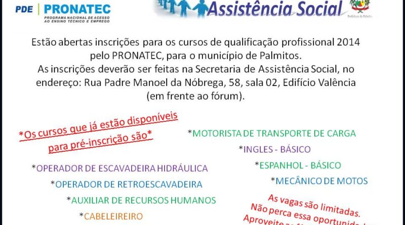 Iscrições abertas para os cursos do PRONATEC Social